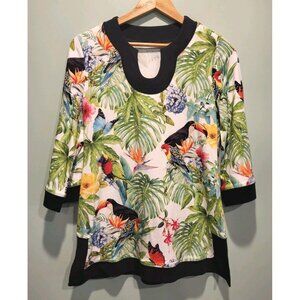 Soft Surroundings Tropical Tucan Parrot Bird 3/4 Sleeve Tunic Top Sz S